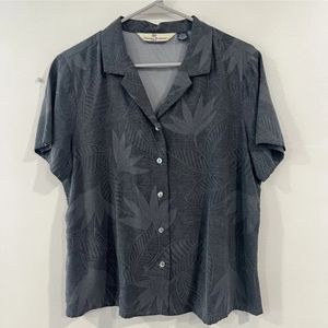 Tommy Bahama Womens Gray Floral Palm Leaves Button Up Silk Camp Shirt LARGE